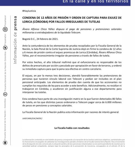  La sala penal de la corte suprema de justicia condena a 12 años y 6 meses de prisión a juez de Lorica (Córdoba) Álvaro Alfonso Chica Yáñez
