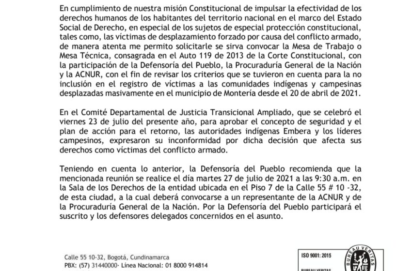  La Defensoría le solicitó a la Unidad para las Víctimas instalar mesa de trabajo para revisar criterios para incluir en registro de víctimas a comunidades indígenas y campesinas desplazadas masivamente del Alto Sinú