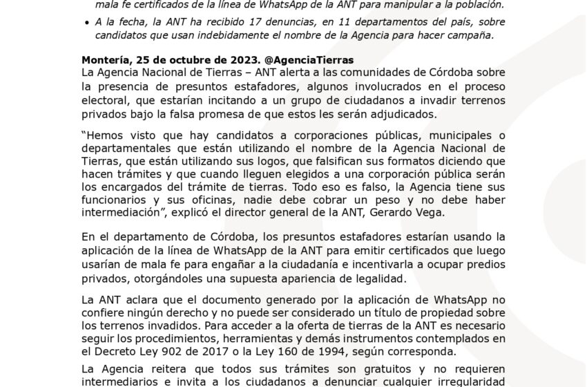  Boletín de prensa para aclarar el mal uso de los certificados en nombre de la Agencia Nacional de Tierras