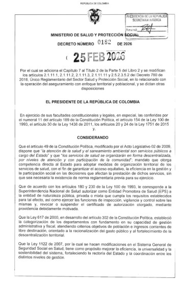  MINSALUD EXPIDE DECRETO QUE LIMITA OPERACIÓN Y PRESENCIA DE LAS EPS